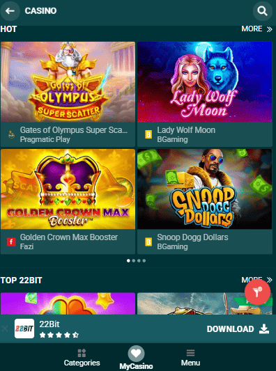 Herní nabídka 22BIT automaty, live casino a další